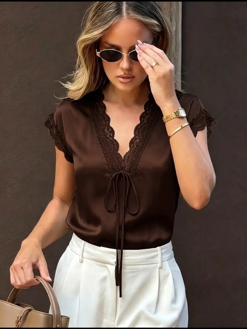 Lace-Trim V-Neck Top in Chocolate - Picture 7 of 8